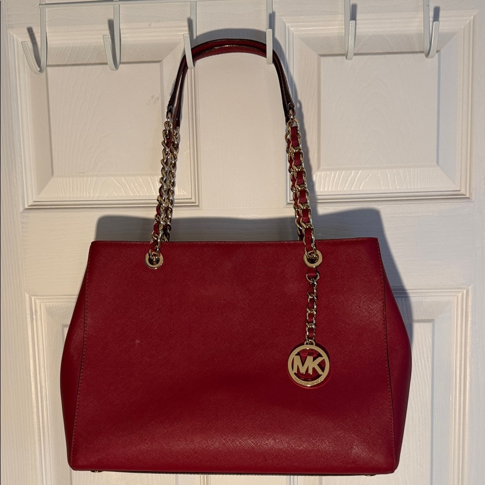 Michael Kors Cherry Red Tote with Gold Chain